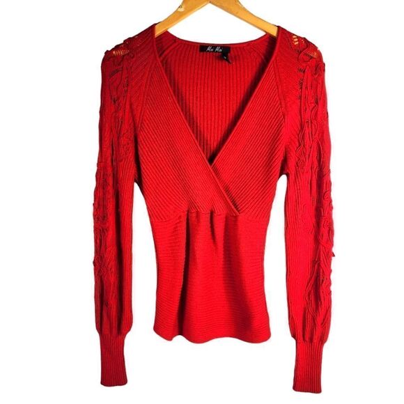 Moi Moi Red Deep V-NECK  Cherry Ribbed Cotton  Sweater - Picture 2 of 14